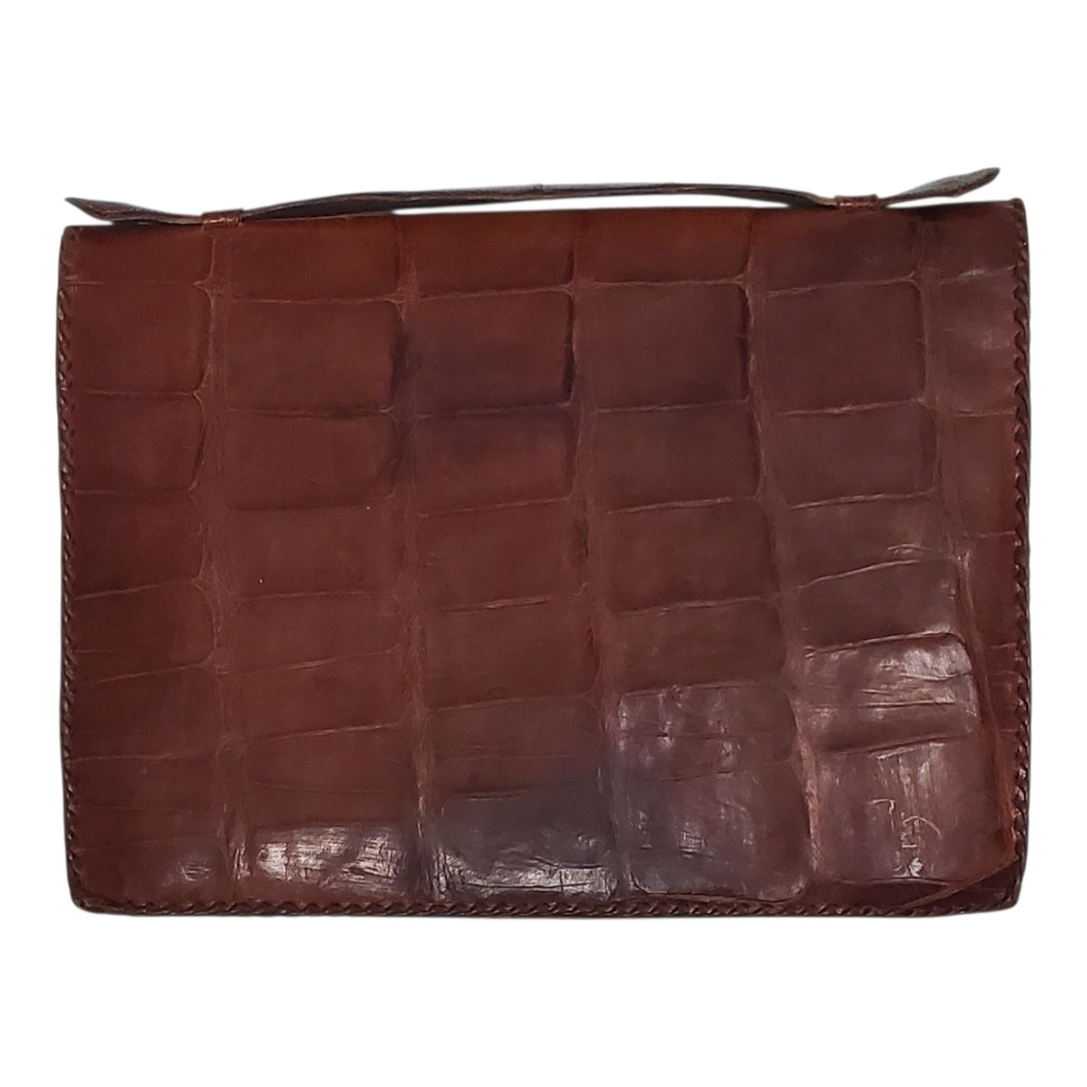 Vintage Genuine Crocodile Leather Clutch – Hand-Laced Foldover Purse with Patina
